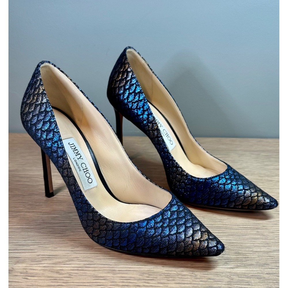 Jimmy Choo Blue Iridescent Snakeskin Style Fabric Heels Pumps 36.5